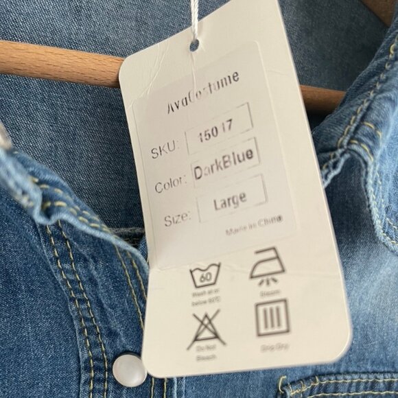 AVA COSTUME Dark Blue 100% Cotton Denim Shirt: New with Tags; LARGE (P2P is 21") - Picture 3 of 5